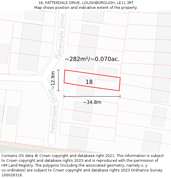 18, PATTERDALE DRIVE, LOUGHBOROUGH, LE11 3RT: Plot and title map