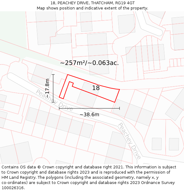 18, PEACHEY DRIVE, THATCHAM, RG19 4GT: Plot and title map
