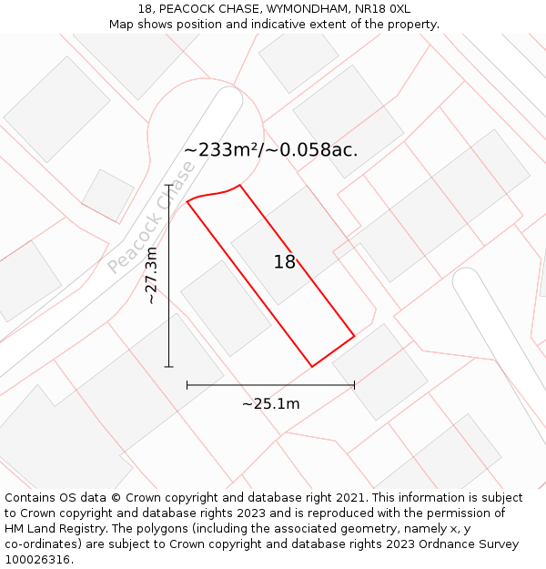 18, PEACOCK CHASE, WYMONDHAM, NR18 0XL: Plot and title map