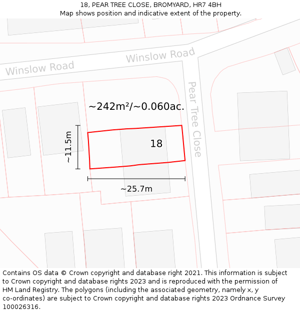 18, PEAR TREE CLOSE, BROMYARD, HR7 4BH: Plot and title map