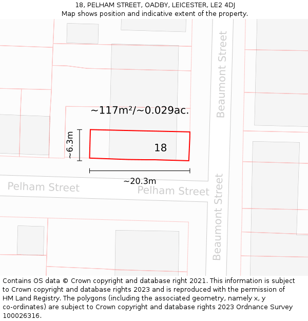 18, PELHAM STREET, OADBY, LEICESTER, LE2 4DJ: Plot and title map