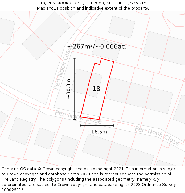 18, PEN NOOK CLOSE, DEEPCAR, SHEFFIELD, S36 2TY: Plot and title map