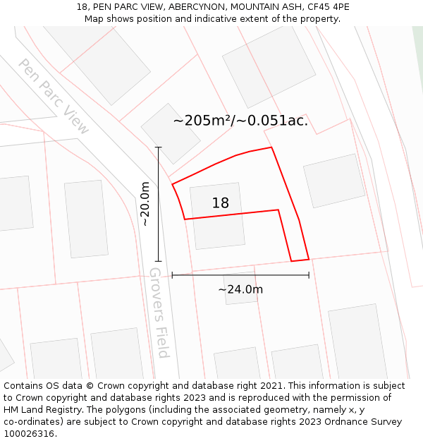 18, PEN PARC VIEW, ABERCYNON, MOUNTAIN ASH, CF45 4PE: Plot and title map