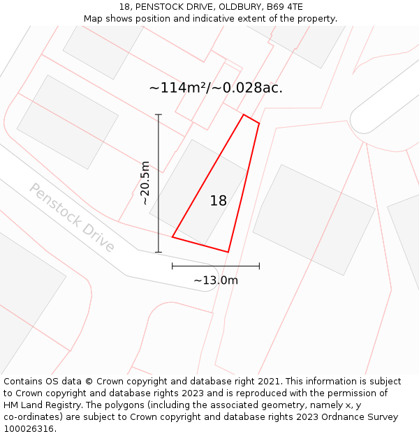 18, PENSTOCK DRIVE, OLDBURY, B69 4TE: Plot and title map