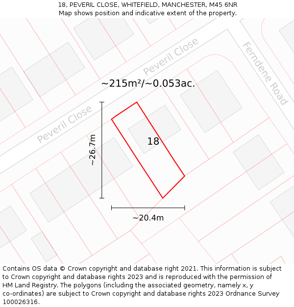 18, PEVERIL CLOSE, WHITEFIELD, MANCHESTER, M45 6NR: Plot and title map