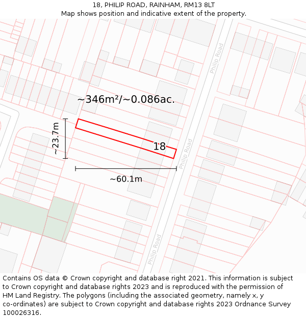 18, PHILIP ROAD, RAINHAM, RM13 8LT: Plot and title map