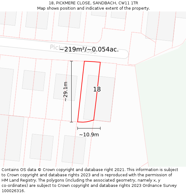 18, PICKMERE CLOSE, SANDBACH, CW11 1TR: Plot and title map