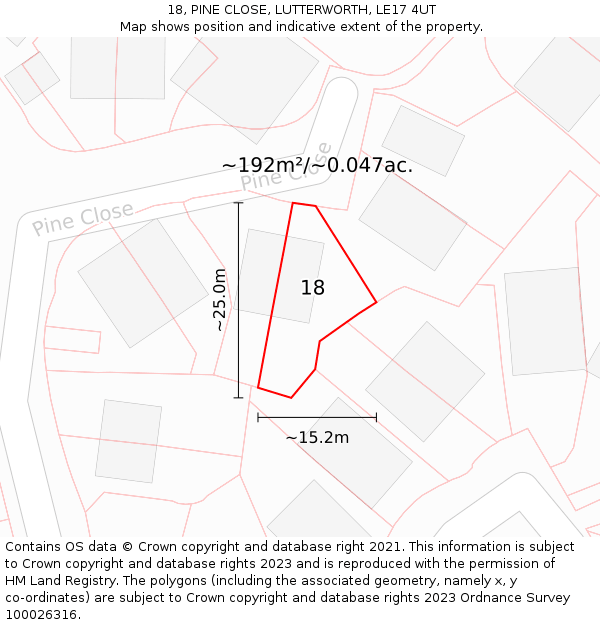 18, PINE CLOSE, LUTTERWORTH, LE17 4UT: Plot and title map