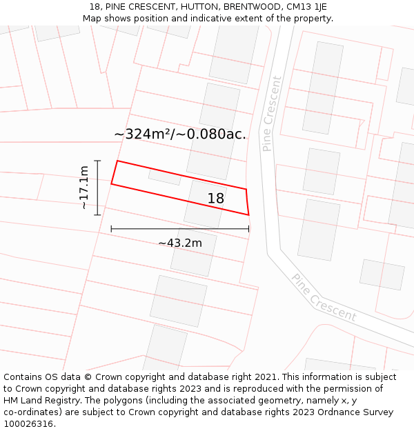 18, PINE CRESCENT, HUTTON, BRENTWOOD, CM13 1JE: Plot and title map