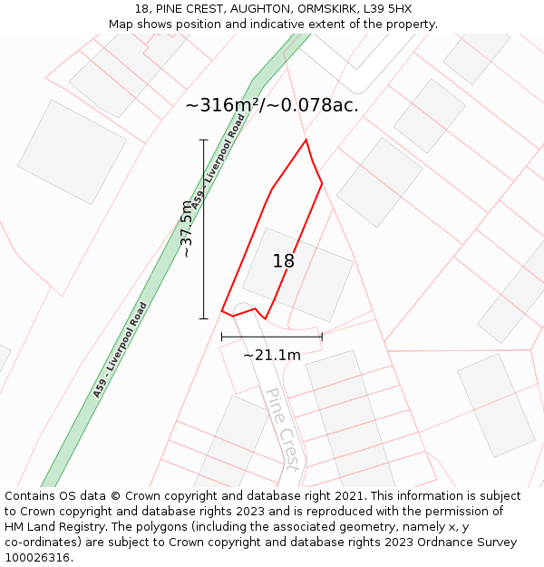 18, PINE CREST, AUGHTON, ORMSKIRK, L39 5HX: Plot and title map