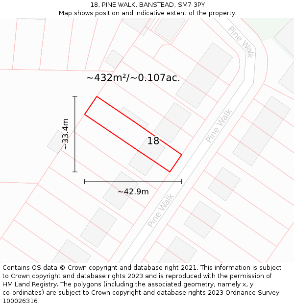 18, PINE WALK, BANSTEAD, SM7 3PY: Plot and title map