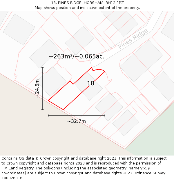 18, PINES RIDGE, HORSHAM, RH12 1PZ: Plot and title map
