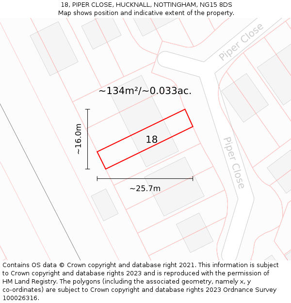 18, PIPER CLOSE, HUCKNALL, NOTTINGHAM, NG15 8DS: Plot and title map