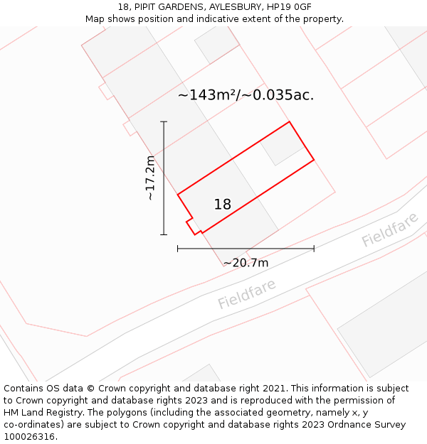 18, PIPIT GARDENS, AYLESBURY, HP19 0GF: Plot and title map