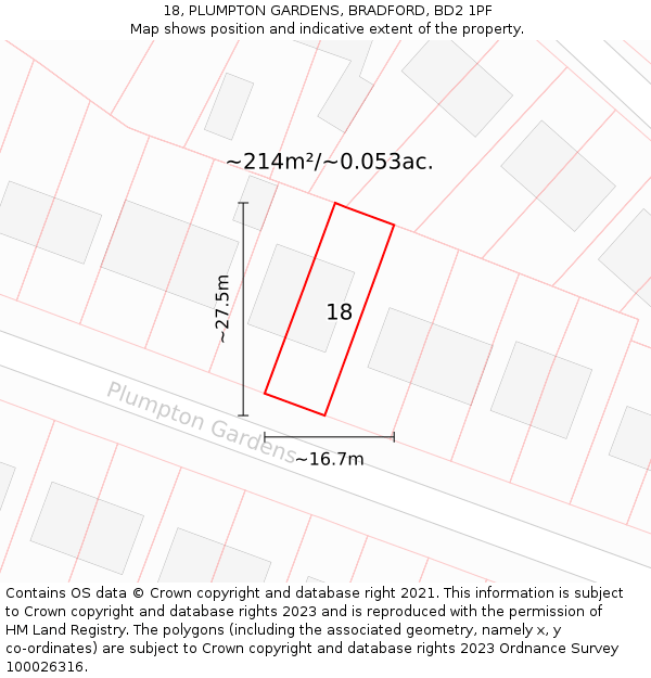 18, PLUMPTON GARDENS, BRADFORD, BD2 1PF: Plot and title map