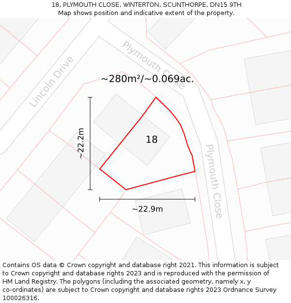 18, PLYMOUTH CLOSE, WINTERTON, SCUNTHORPE, DN15 9TH: Plot and title map