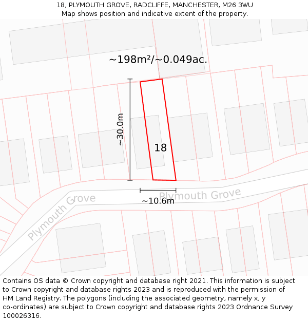 18, PLYMOUTH GROVE, RADCLIFFE, MANCHESTER, M26 3WU: Plot and title map