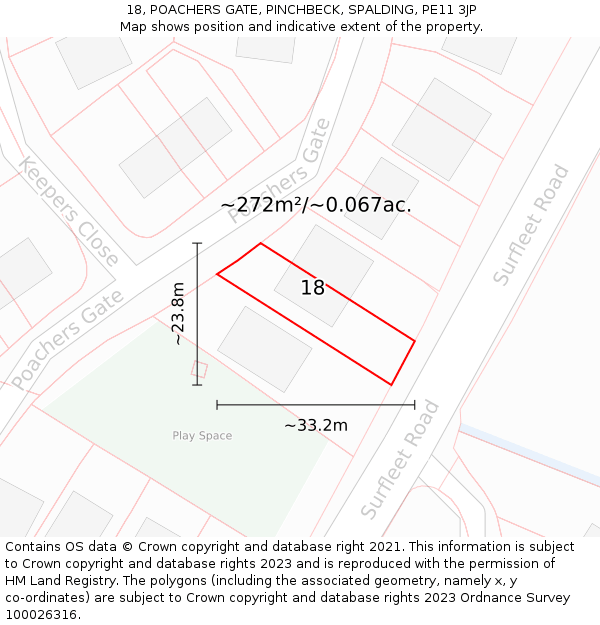 18, POACHERS GATE, PINCHBECK, SPALDING, PE11 3JP: Plot and title map