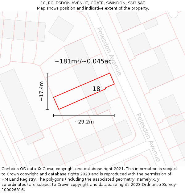18, POLESDON AVENUE, COATE, SWINDON, SN3 6AE: Plot and title map