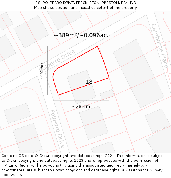18, POLPERRO DRIVE, FRECKLETON, PRESTON, PR4 1YD: Plot and title map