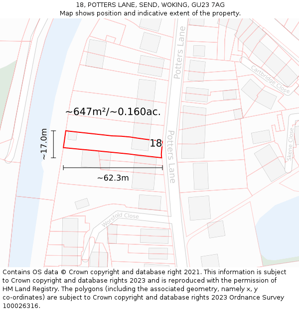 18, POTTERS LANE, SEND, WOKING, GU23 7AG: Plot and title map