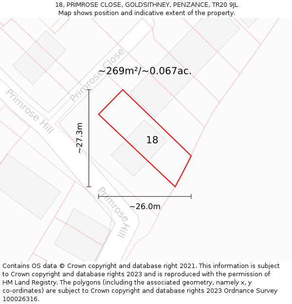 18, PRIMROSE CLOSE, GOLDSITHNEY, PENZANCE, TR20 9JL: Plot and title map