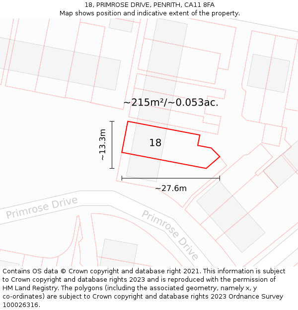 18, PRIMROSE DRIVE, PENRITH, CA11 8FA: Plot and title map