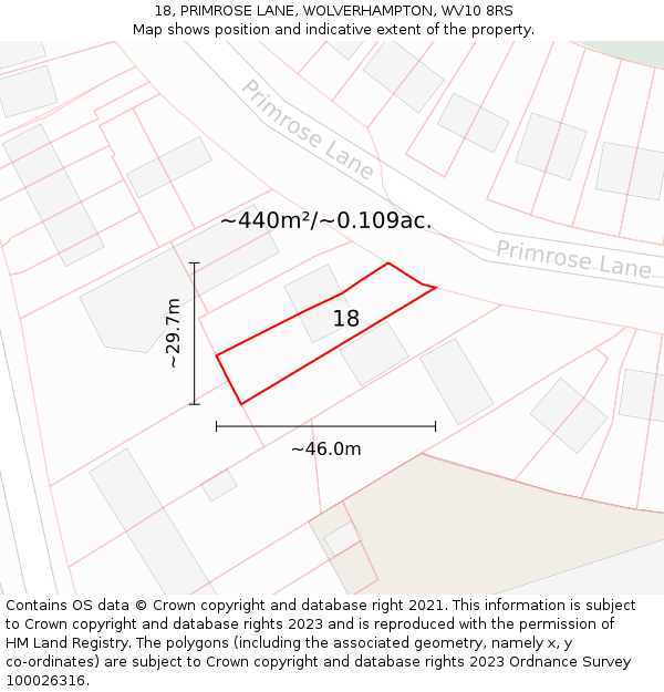 18, PRIMROSE LANE, WOLVERHAMPTON, WV10 8RS: Plot and title map