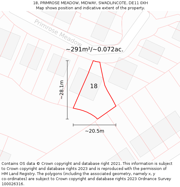 18, PRIMROSE MEADOW, MIDWAY, SWADLINCOTE, DE11 0XH: Plot and title map