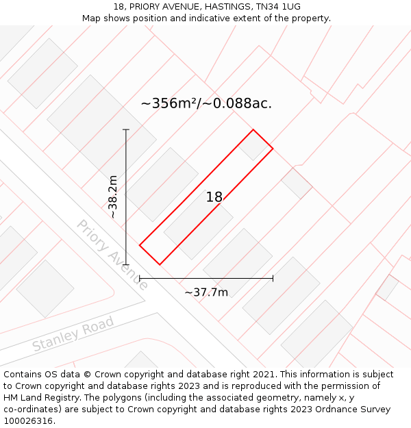 18, PRIORY AVENUE, HASTINGS, TN34 1UG: Plot and title map