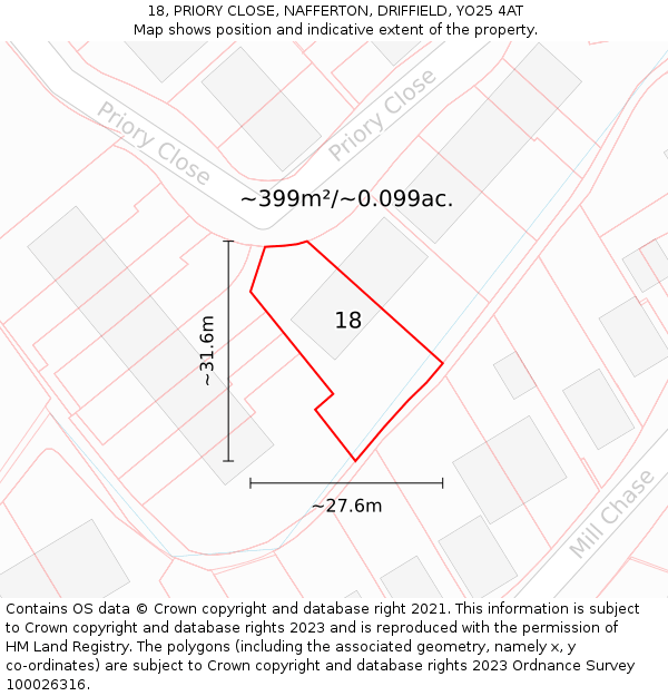 18, PRIORY CLOSE, NAFFERTON, DRIFFIELD, YO25 4AT: Plot and title map