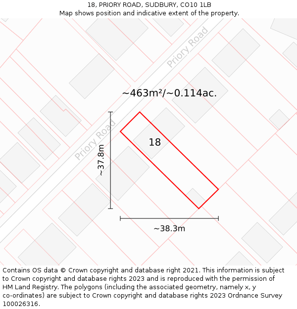 18, PRIORY ROAD, SUDBURY, CO10 1LB: Plot and title map