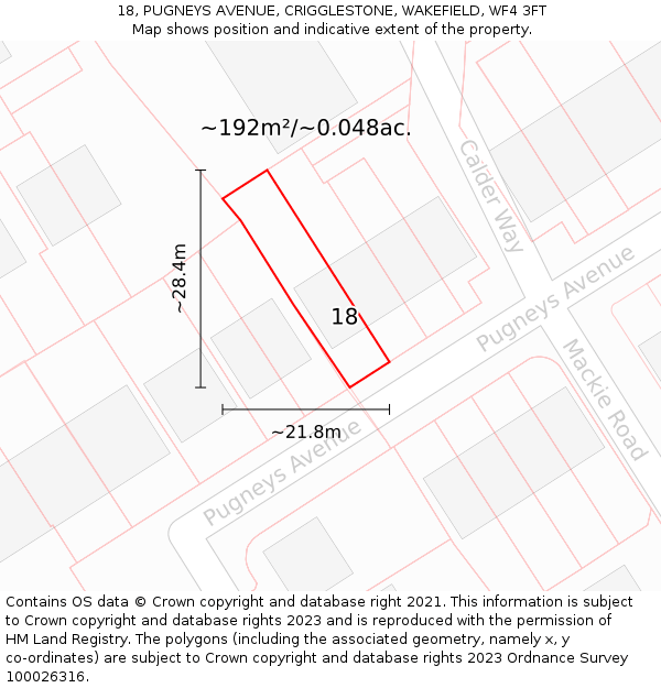 18, PUGNEYS AVENUE, CRIGGLESTONE, WAKEFIELD, WF4 3FT: Plot and title map