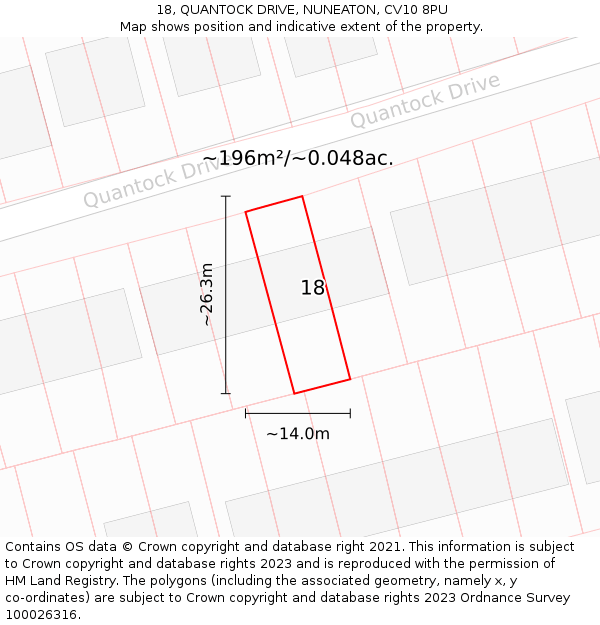 18, QUANTOCK DRIVE, NUNEATON, CV10 8PU: Plot and title map