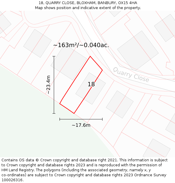 18, QUARRY CLOSE, BLOXHAM, BANBURY, OX15 4HA: Plot and title map