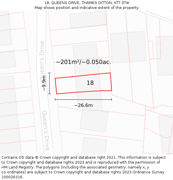 18, QUEENS DRIVE, THAMES DITTON, KT7 0TW: Plot and title map