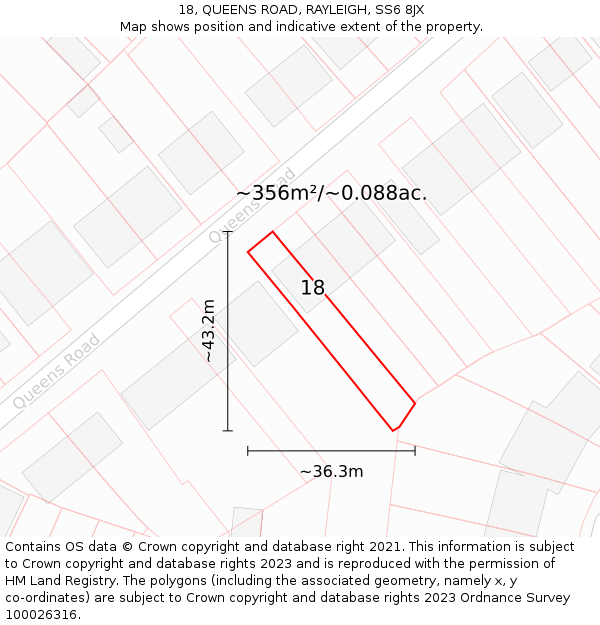 18, QUEENS ROAD, RAYLEIGH, SS6 8JX: Plot and title map