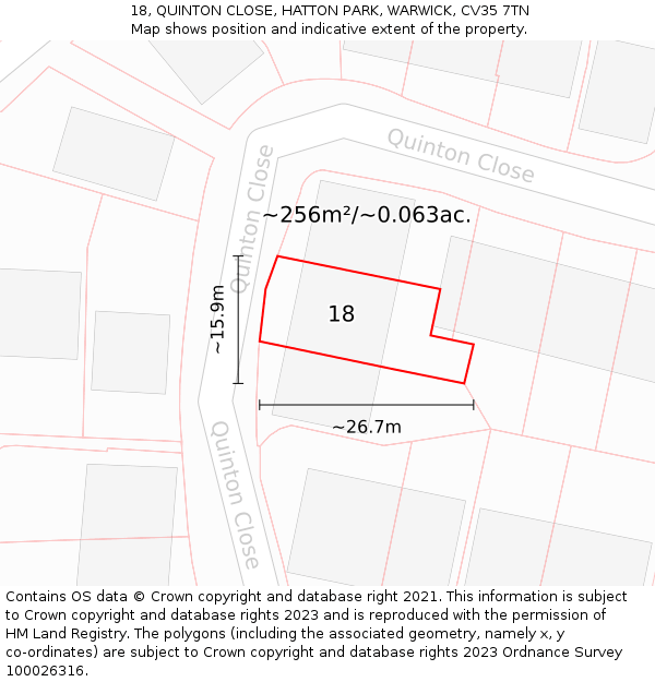 18, QUINTON CLOSE, HATTON PARK, WARWICK, CV35 7TN: Plot and title map