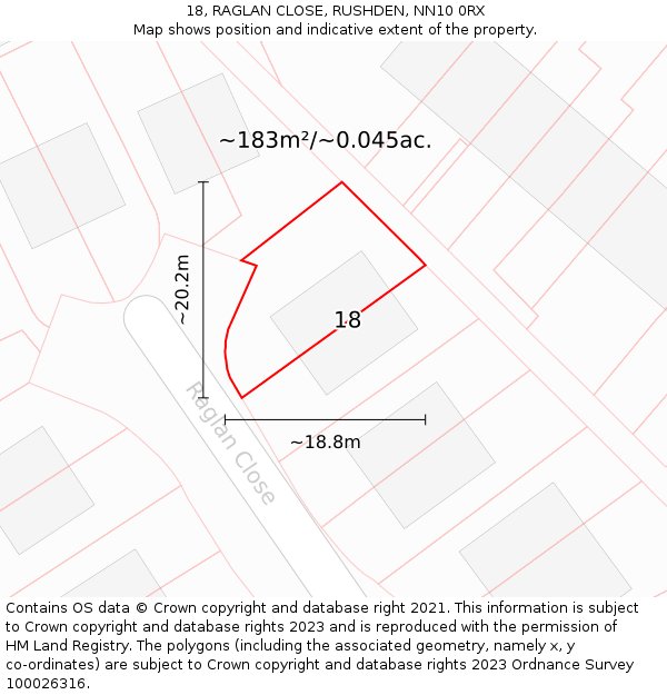 18, RAGLAN CLOSE, RUSHDEN, NN10 0RX: Plot and title map