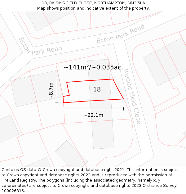 18, RAISINS FIELD CLOSE, NORTHAMPTON, NN3 5LA: Plot and title map
