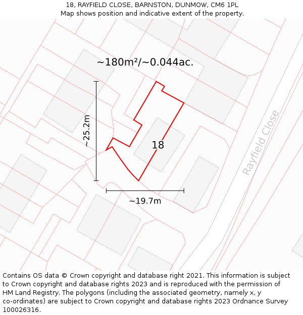 18, RAYFIELD CLOSE, BARNSTON, DUNMOW, CM6 1PL: Plot and title map