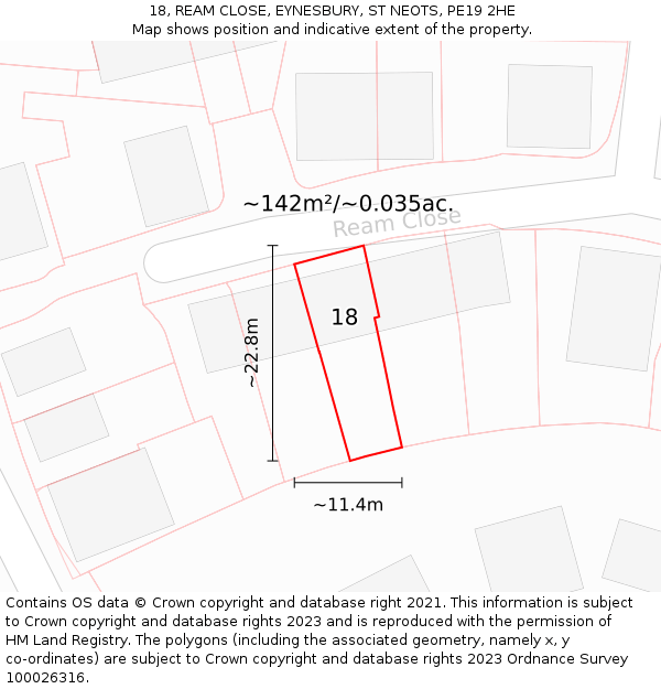 18, REAM CLOSE, EYNESBURY, ST NEOTS, PE19 2HE: Plot and title map