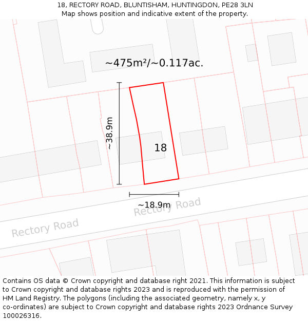 18, RECTORY ROAD, BLUNTISHAM, HUNTINGDON, PE28 3LN: Plot and title map