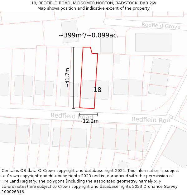 18, REDFIELD ROAD, MIDSOMER NORTON, RADSTOCK, BA3 2JW: Plot and title map