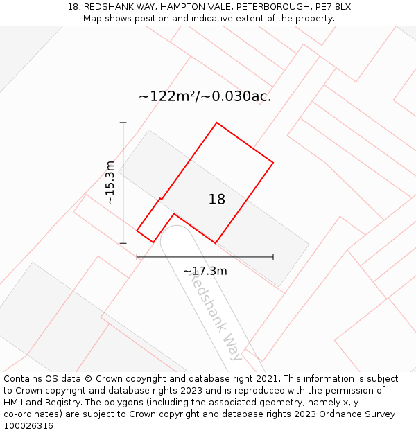 18, REDSHANK WAY, HAMPTON VALE, PETERBOROUGH, PE7 8LX: Plot and title map