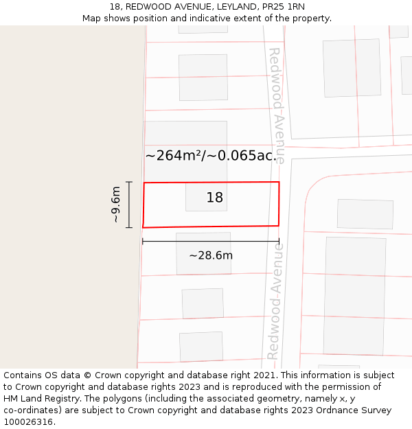 18, REDWOOD AVENUE, LEYLAND, PR25 1RN: Plot and title map