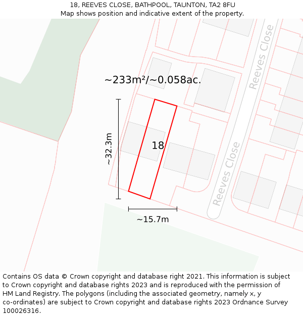18, REEVES CLOSE, BATHPOOL, TAUNTON, TA2 8FU: Plot and title map