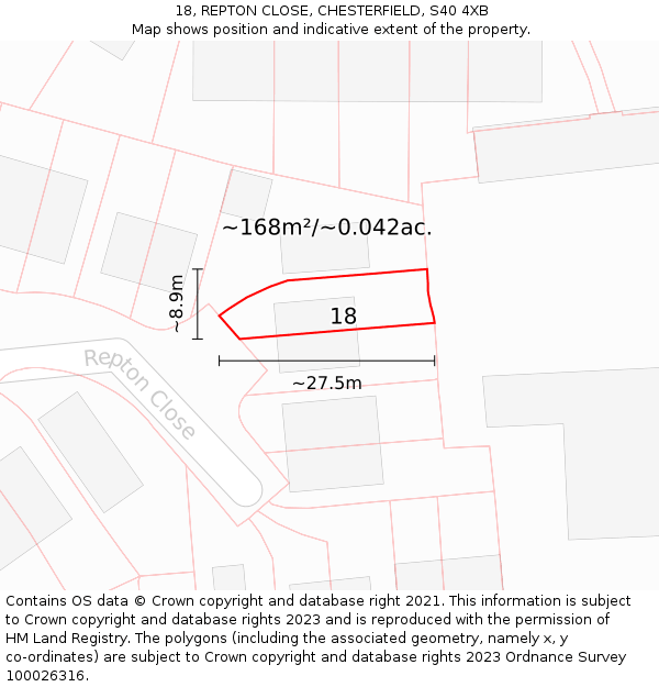 18, REPTON CLOSE, CHESTERFIELD, S40 4XB: Plot and title map