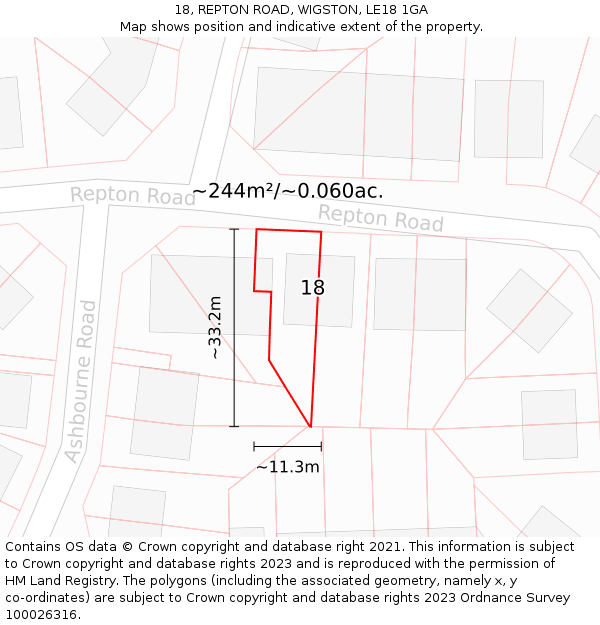 18, REPTON ROAD, WIGSTON, LE18 1GA: Plot and title map