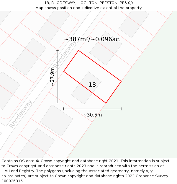 18, RHODESWAY, HOGHTON, PRESTON, PR5 0JY: Plot and title map